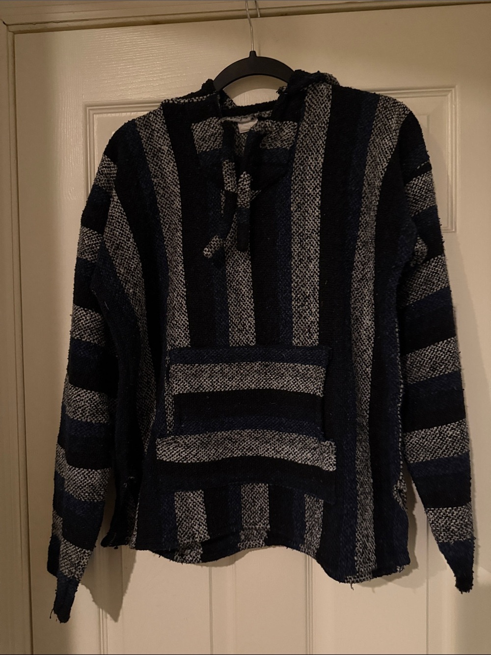 Striped Navy and Gray Hooded Sweater boho biker skater camper climber edgy